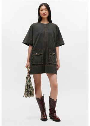 Washed stretch cotton boxy kimono mini kjole Black W0793 Ganni